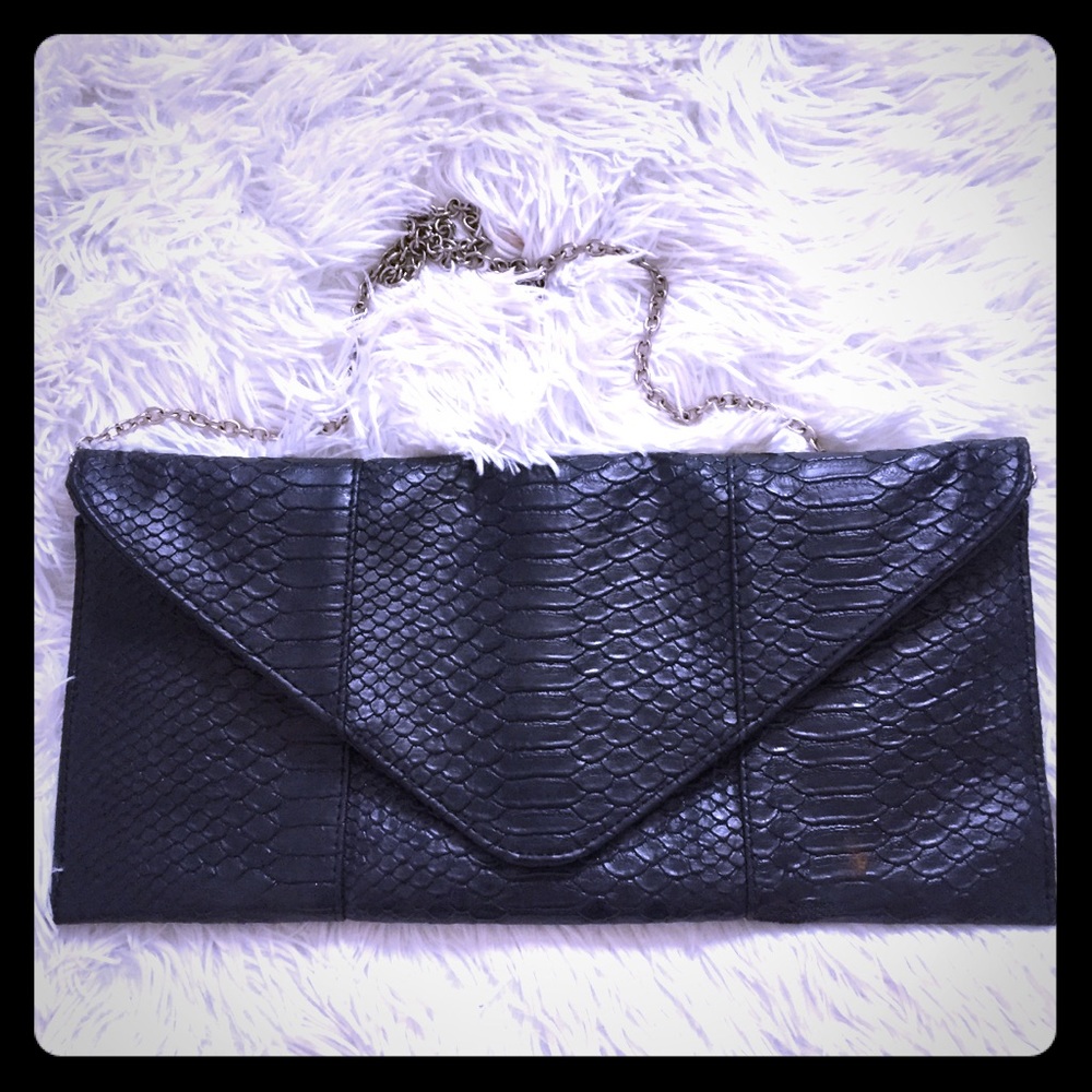 Black Faux Leather Snake Print Messenger Bag